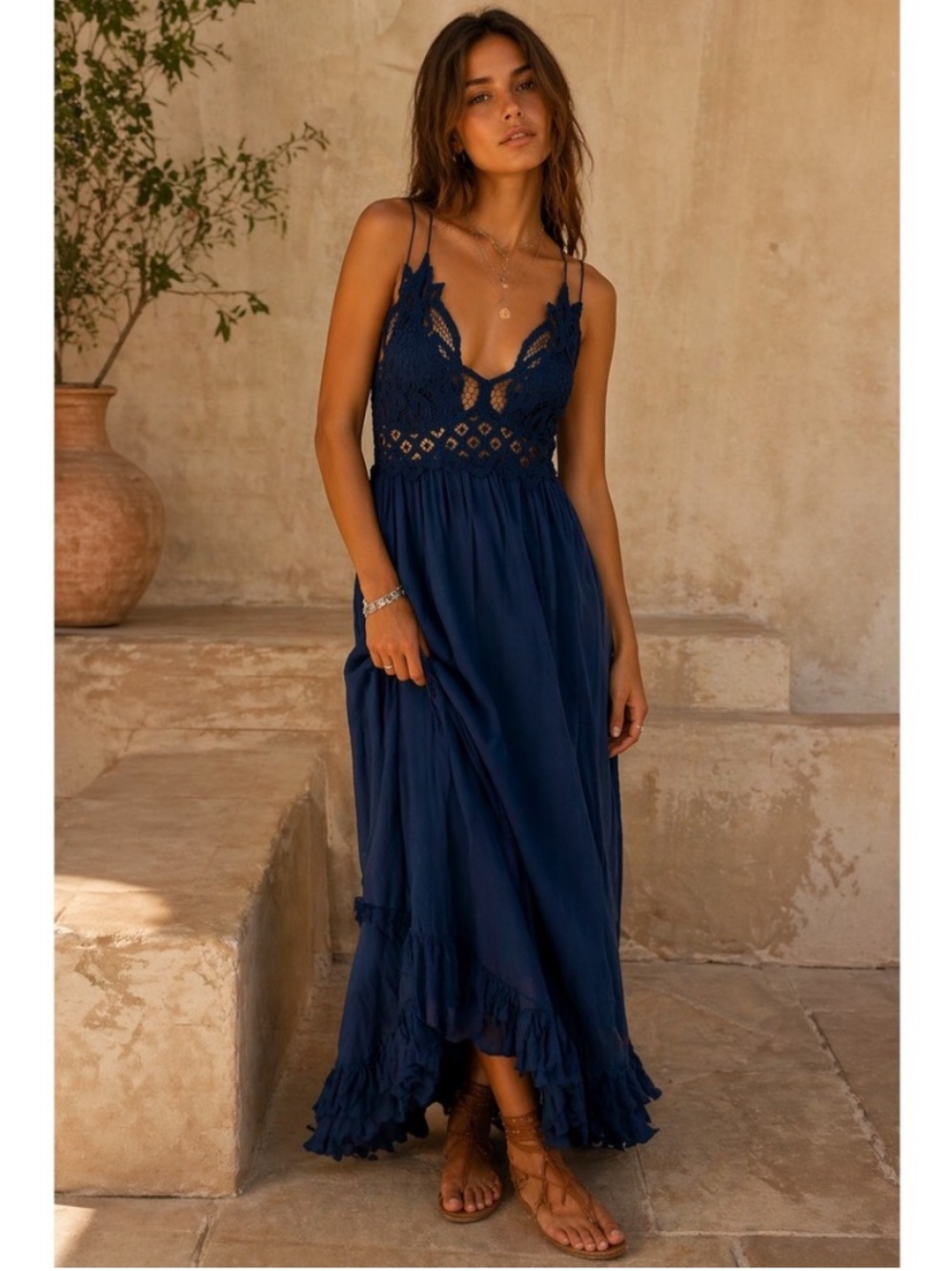 Free People Adella Navy Blue Maxi Dress XS